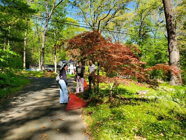 Students raking a yard